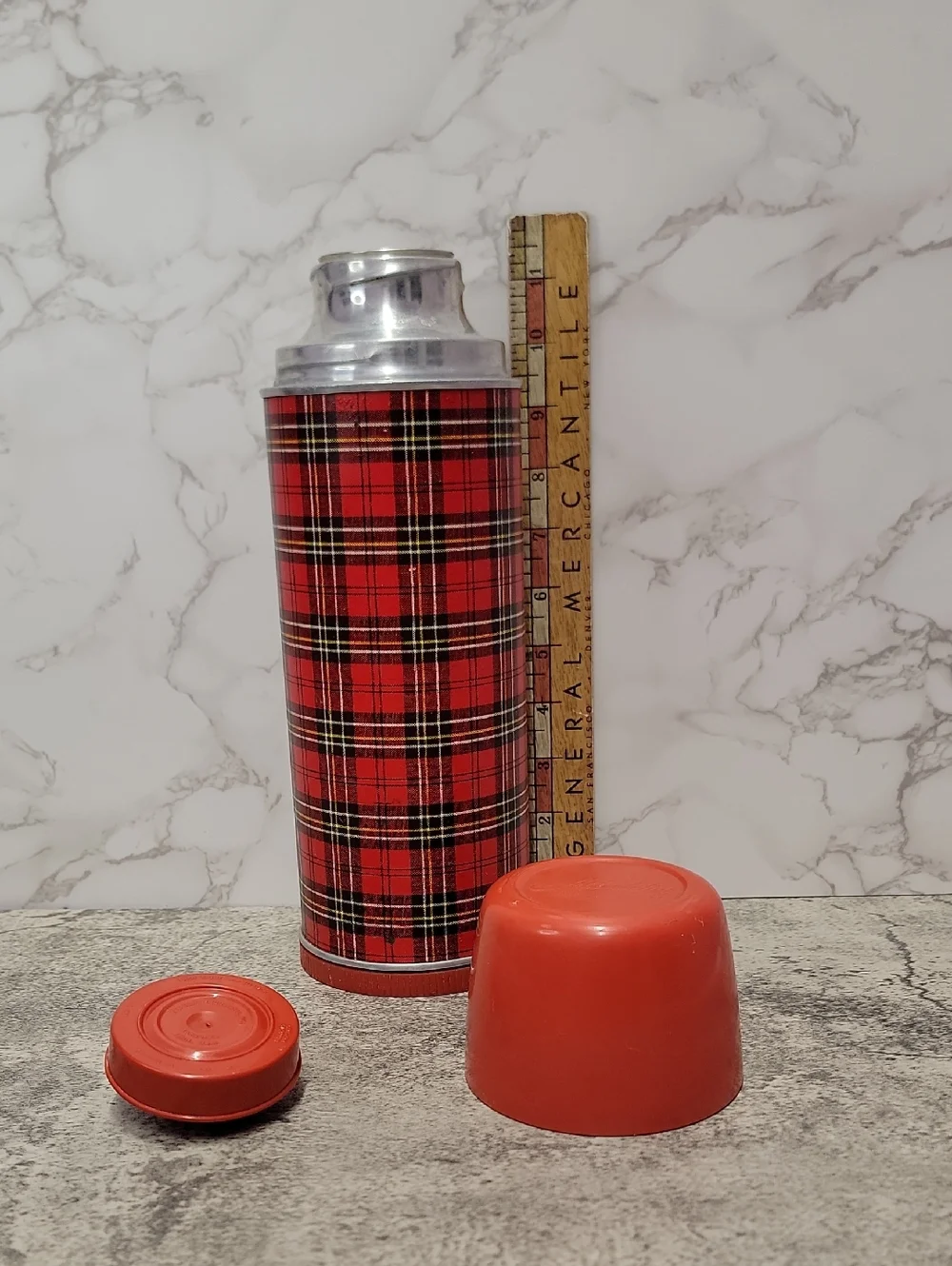 Vintage Aladdin's Red Plaid Thermos Classic Full Size Retro Bottle